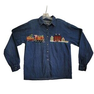 Chicos Denim Shirt Womens Small Christmas Embroidery Long Sleeve Button Down
